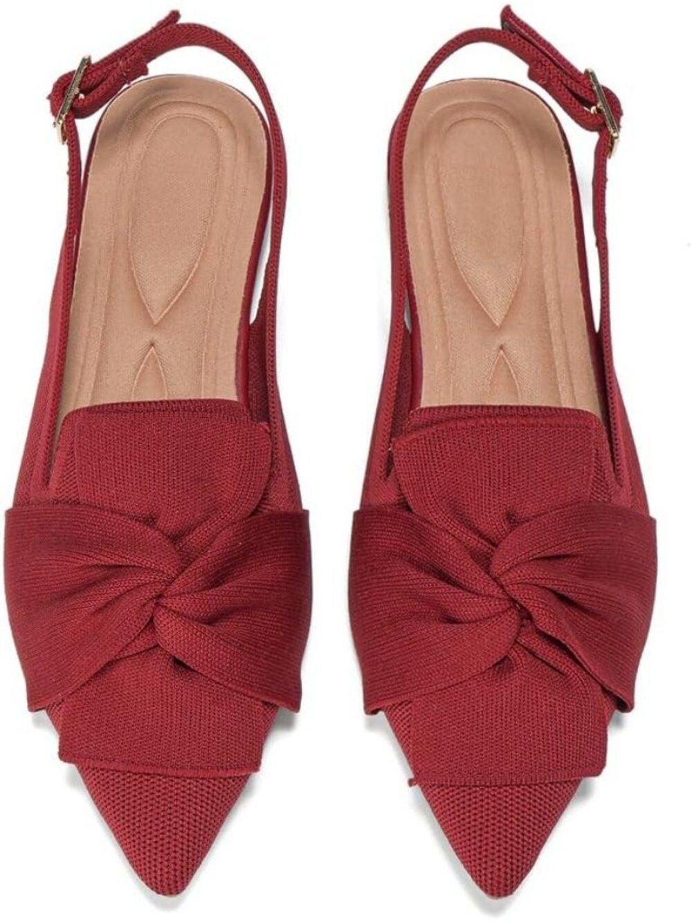 Women's Red Knit Pointed Toe Slingback Flats Bow Ankle Strap Comfortable Shoes - Picture 1 of 6